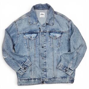 ZARA  Denim Jacket Men's M Heavy Trucker Distressed Oversized Cotton Streetwear